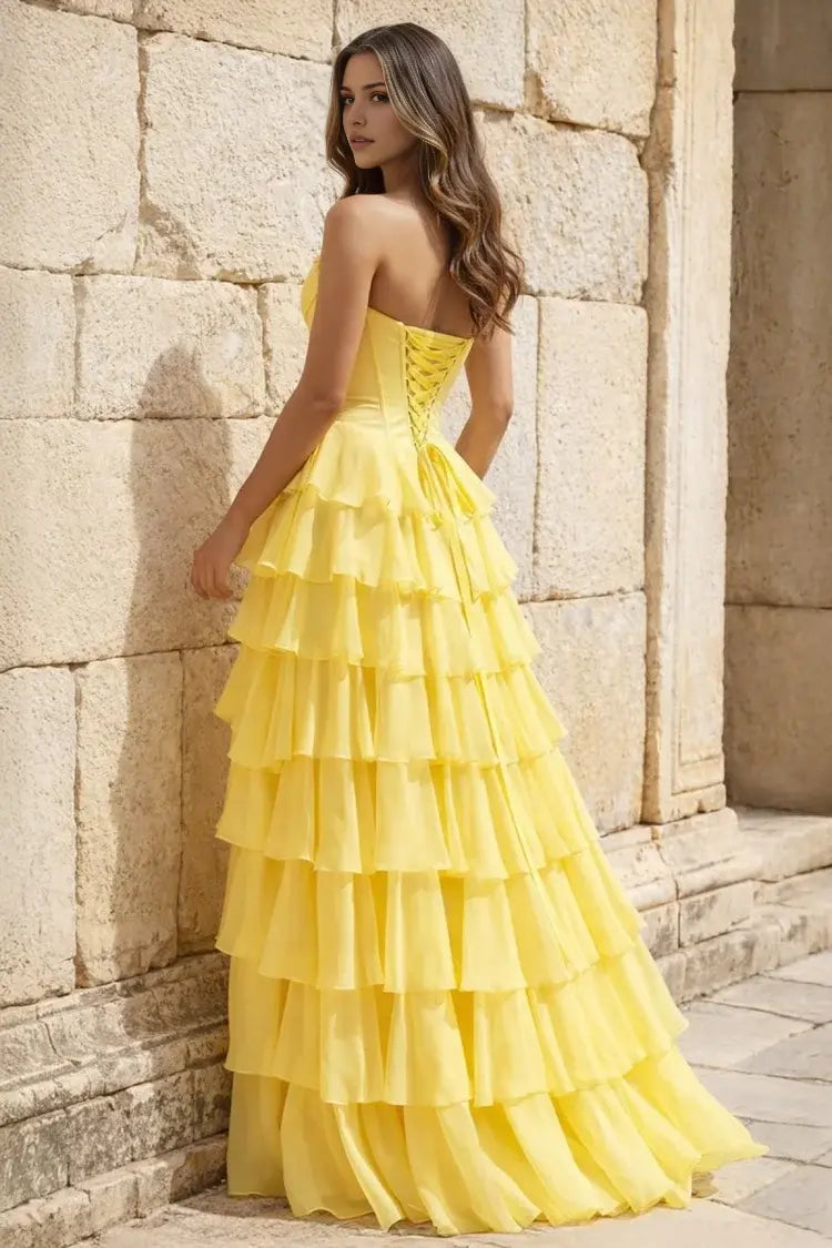 Aimishang Pretty Princess A-Line Strapless Ruffles Long Formal Prom Dress Elegant Evening Party Dress With Slit