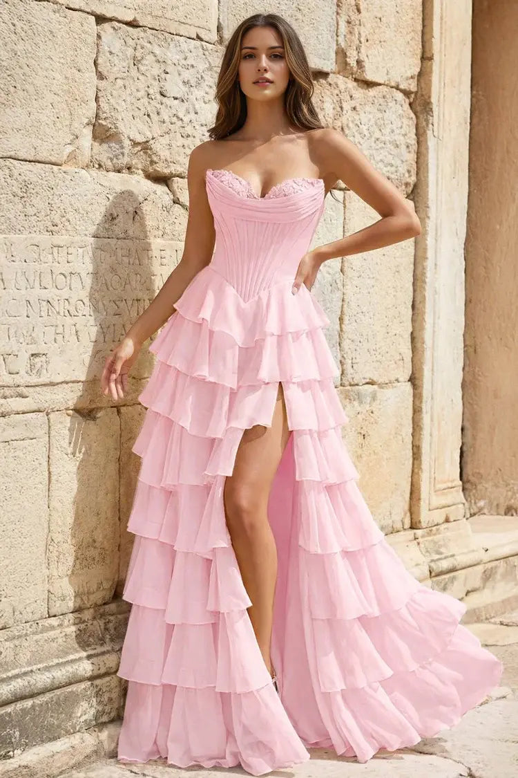 Aimishang Pretty Princess A-Line Strapless Ruffles Long Formal Prom Dress Elegant Evening Party Dress With Slit