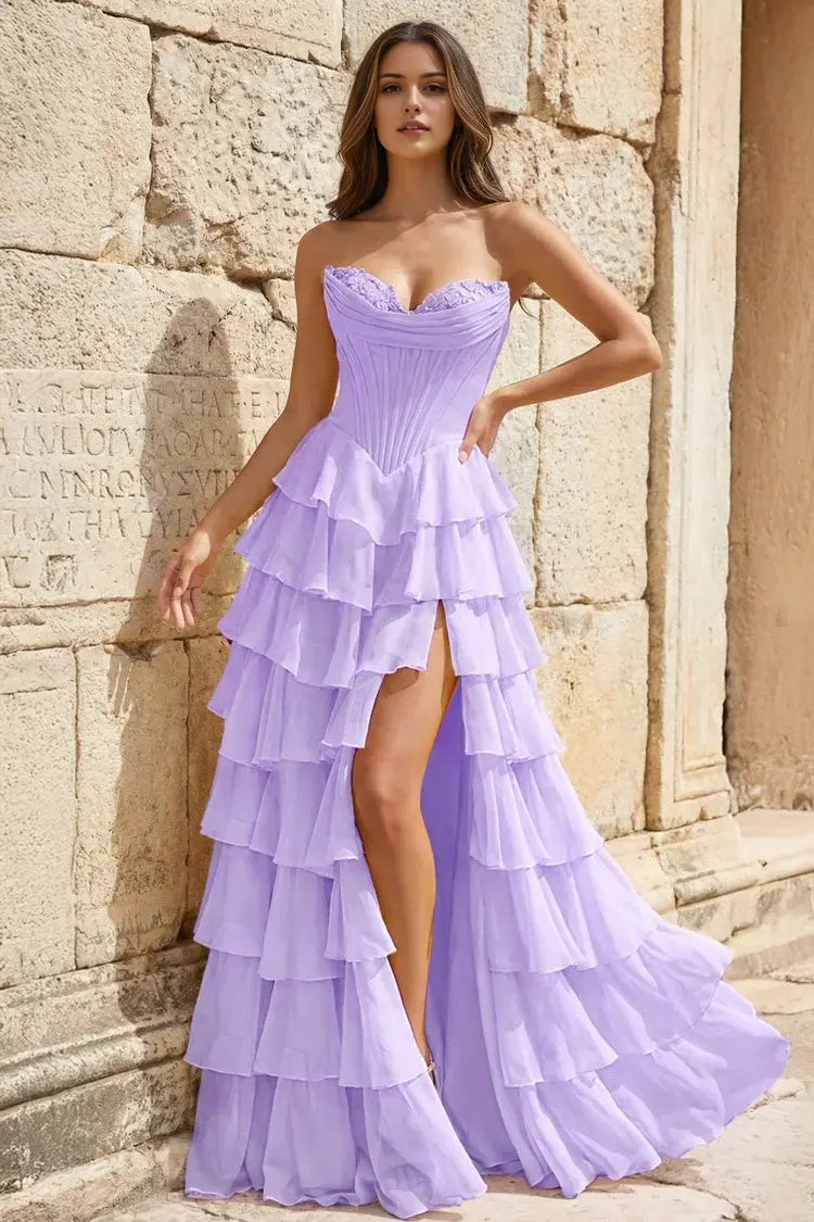 Aimishang Pretty Princess A-Line Strapless Ruffles Long Formal Prom Dress Elegant Evening Party Dress With Slit