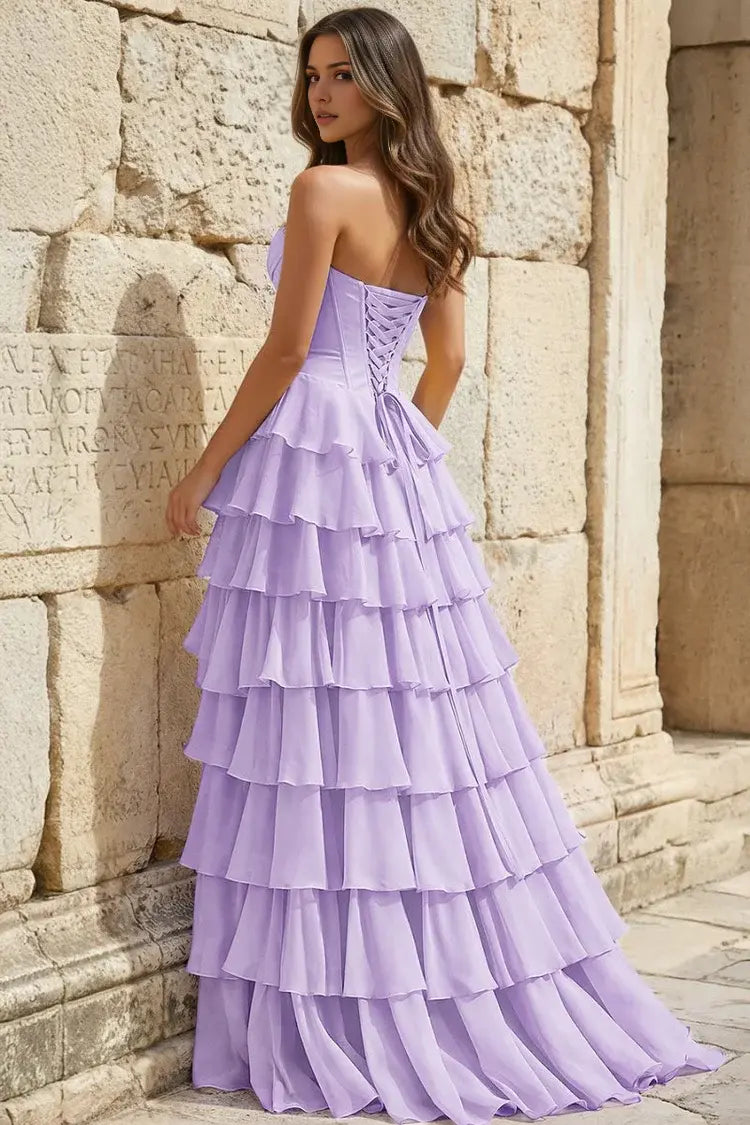 Aimishang Pretty Princess A-Line Strapless Ruffles Long Formal Prom Dress Elegant Evening Party Dress With Slit