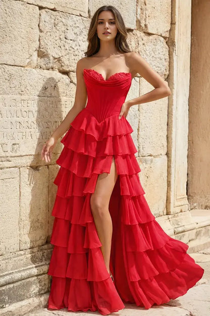 Aimishang Pretty Princess A-Line Strapless Ruffles Long Formal Prom Dress Elegant Evening Party Dress With Slit