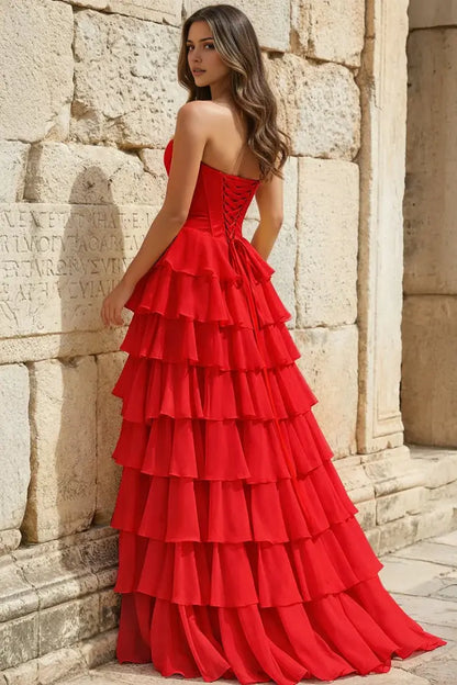 Aimishang Pretty Princess A-Line Strapless Ruffles Long Formal Prom Dress Elegant Evening Party Dress With Slit