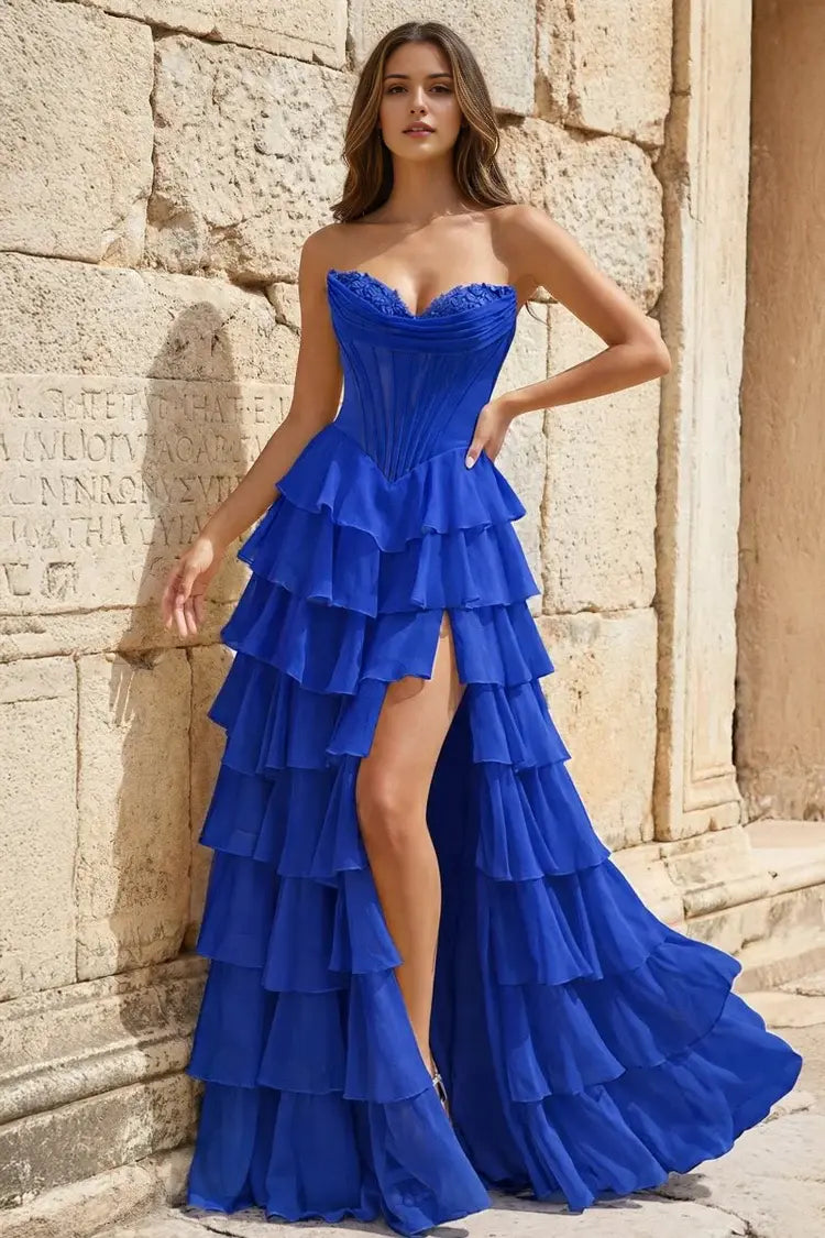 Aimishang Pretty Princess A-Line Strapless Ruffles Long Formal Prom Dress Elegant Evening Party Dress With Slit