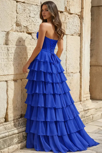 Aimishang Pretty Princess A-Line Strapless Ruffles Long Formal Prom Dress Elegant Evening Party Dress With Slit