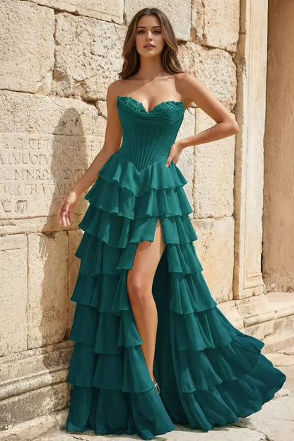 Aimishang Pretty Princess A-Line Strapless Ruffles Long Formal Prom Dress Elegant Evening Party Dress With Slit
