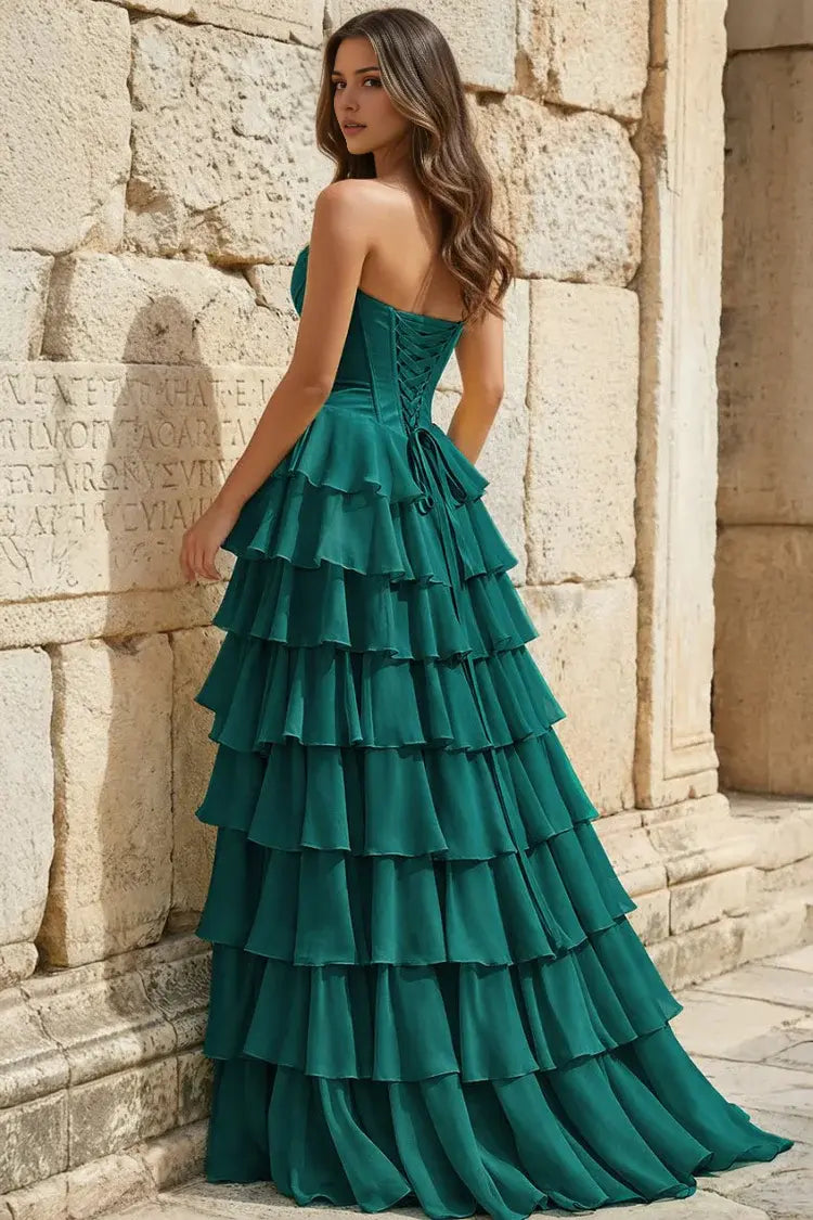 Aimishang Pretty Princess A-Line Strapless Ruffles Long Formal Prom Dress Elegant Evening Party Dress With Slit