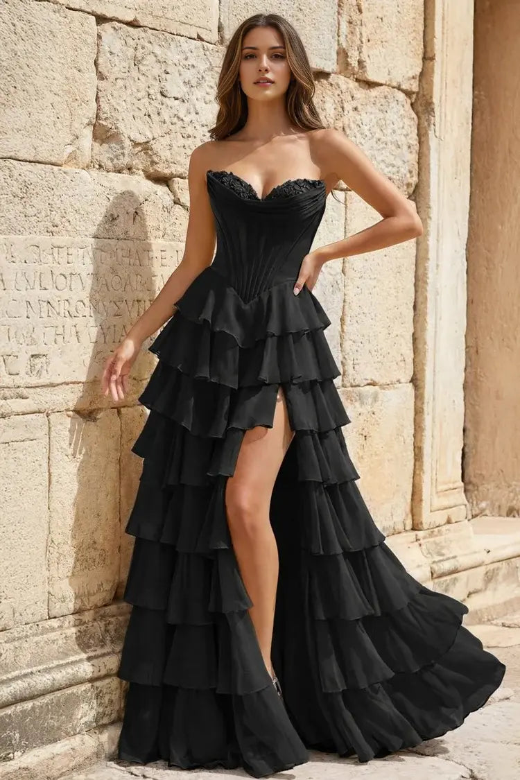 Aimishang Pretty Princess A-Line Strapless Ruffles Long Formal Prom Dress Elegant Evening Party Dress With Slit