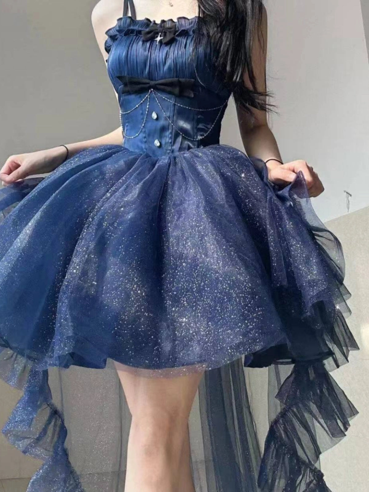 Aimishang Pretty Ball Gown Straps Sleeveless Navy Blue/ Purple Summer Homecoming Dress Shiny Birthday Party Dress