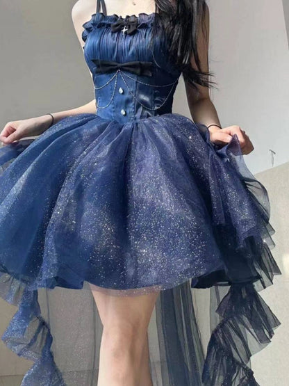 Aimishang Pretty Ball Gown Straps Sleeveless Navy Blue/ Purple Summer Homecoming Dress Shiny Birthday Party Dress
