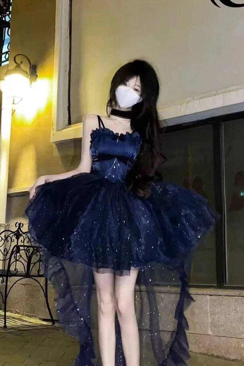 Aimishang Pretty Ball Gown Straps Sleeveless Navy Blue/ Purple Summer Homecoming Dress Shiny Birthday Party Dress