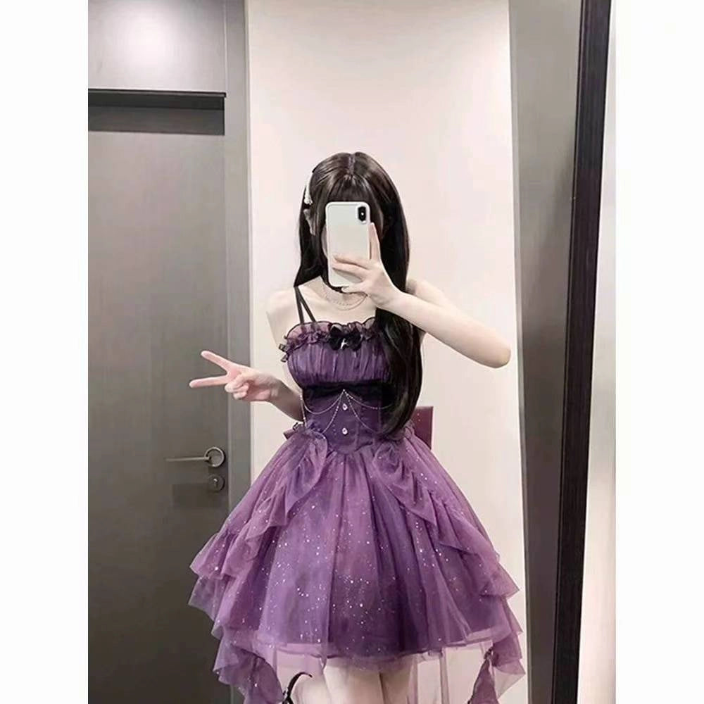 Aimishang Pretty Ball Gown Straps Sleeveless Navy Blue/ Purple Summer Homecoming Dress Shiny Birthday Party Dress