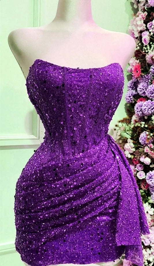Aimishang Pretty Purple Sheath Strapless Short Party Prom Dress Sparkly Sleeveless Mini Homecoming Dress