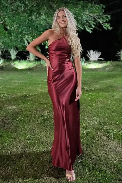 Aimishang Pretty Sheath Halter Sleeveless Satin Graduation Party Dress Elegant Long Formal Prom Dress