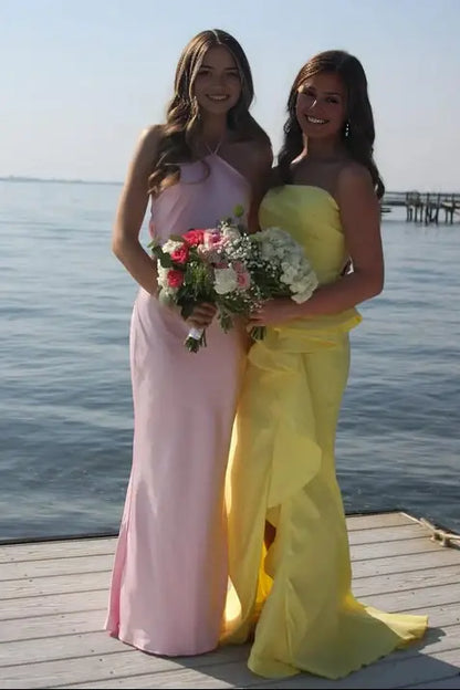 Aimishang Pretty Sheath Halter Sleeveless Satin Graduation Party Dress Elegant Long Formal Prom Dress