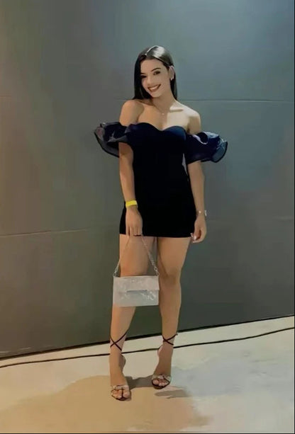 Aimishang Pretty Sheath Sweetheart Neck Off Shoulder Black Ruffle Short Birthday Party Dress Stylish Homecoming Dress