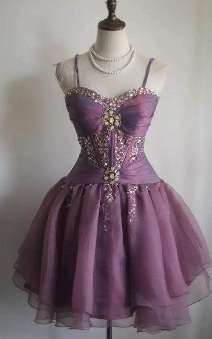 Aimishang Pretty Spaghetti Straps A-Line Sleeveless Purple Short Party Prom Dress Lovely Homecoming Dress