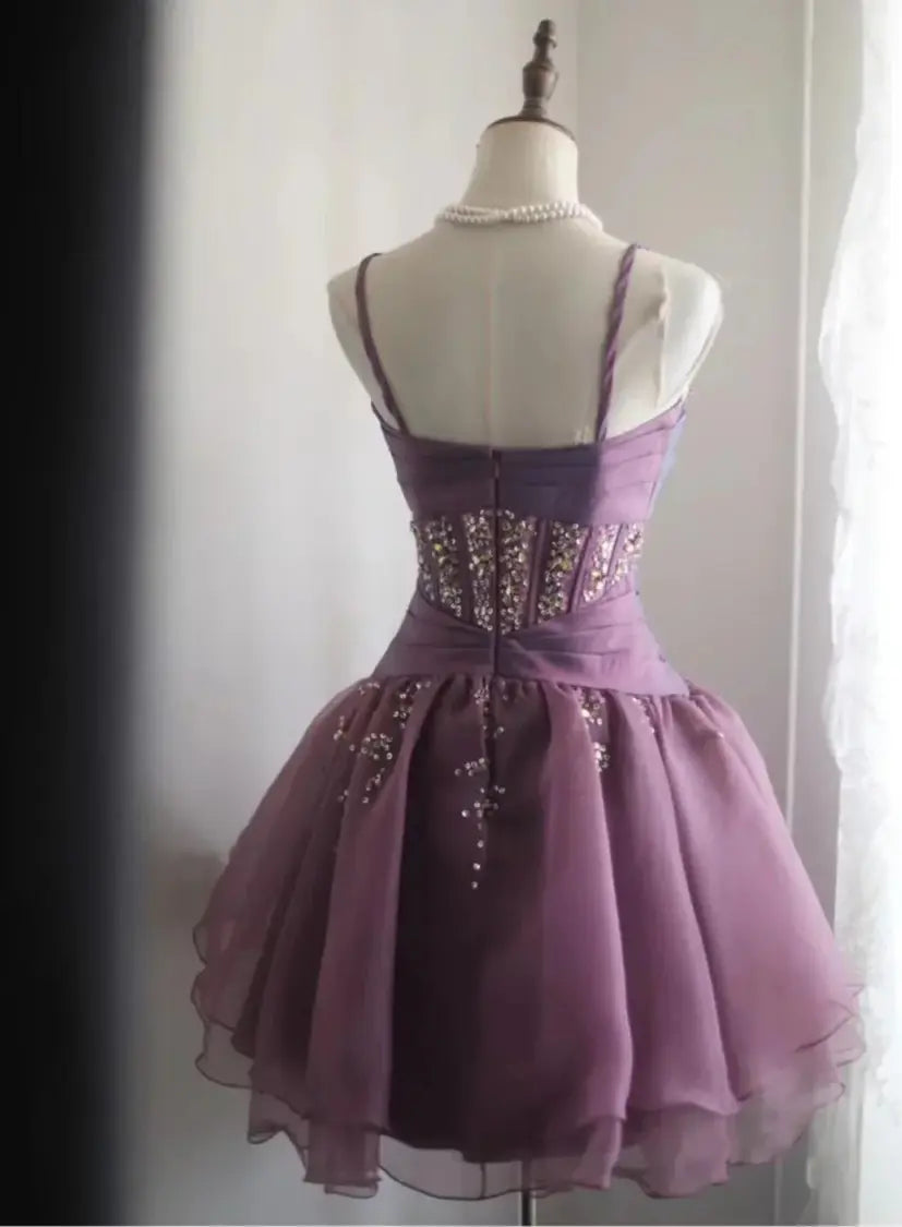 Aimishang Pretty Spaghetti Straps A-Line Sleeveless Purple Short Party Prom Dress Lovely Homecoming Dress