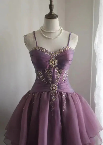 Aimishang Pretty Spaghetti Straps A-Line Sleeveless Purple Short Party Prom Dress Lovely Homecoming Dress