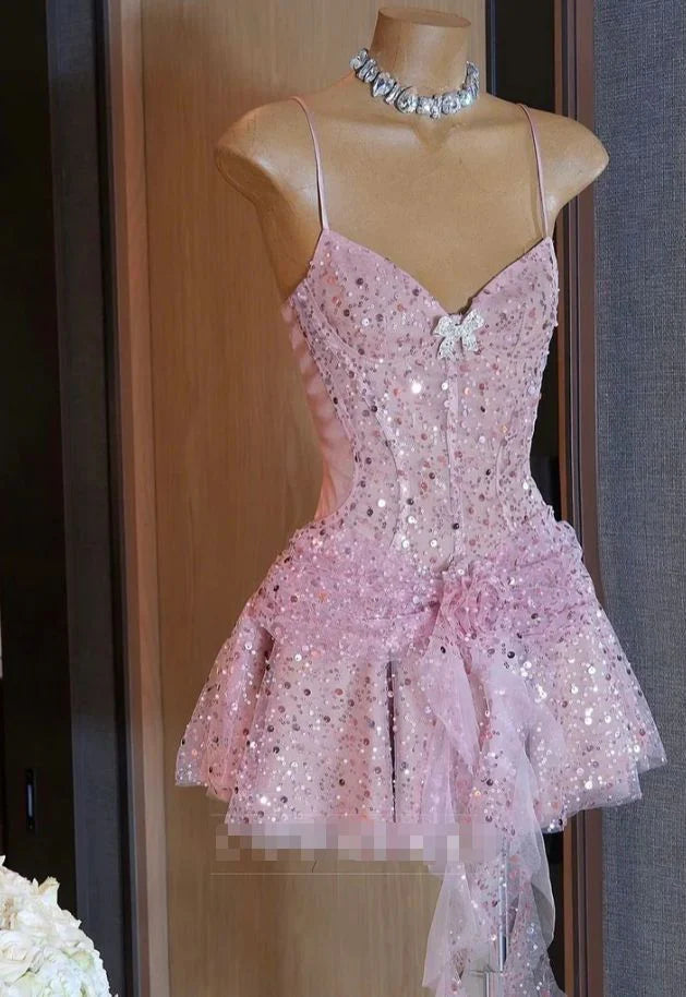 Aimishang Pretty Spaghetti Straps A Line Sequin Short Formal Birthday Party Dress Sparkly Graduation Homecoming Dress