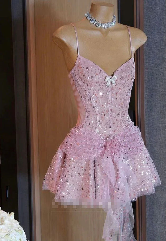 Aimishang Pretty Spaghetti Straps A Line Sequin Short Formal Birthday Party Dress Sparkly Graduation Homecoming Dress