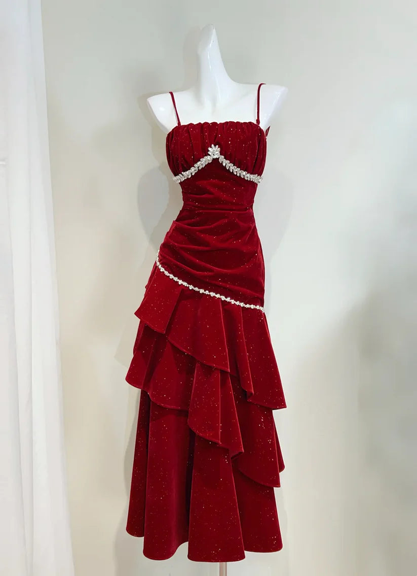 Aimishang Pretty Spaghetti Straps Ruffle Sleeveless Wedding Guest Dress Shiny Long Formal Prom Dress