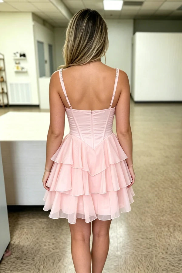 Aimishang Pretty Square Neck A-Line Sleeveless Short Homecoming Dress with Tiered Ruffle