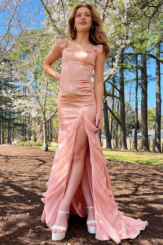 Aimishang Pretty Square Neck Ruffle Long Formal Prom Dress Charming Evening Party Dress with Slit