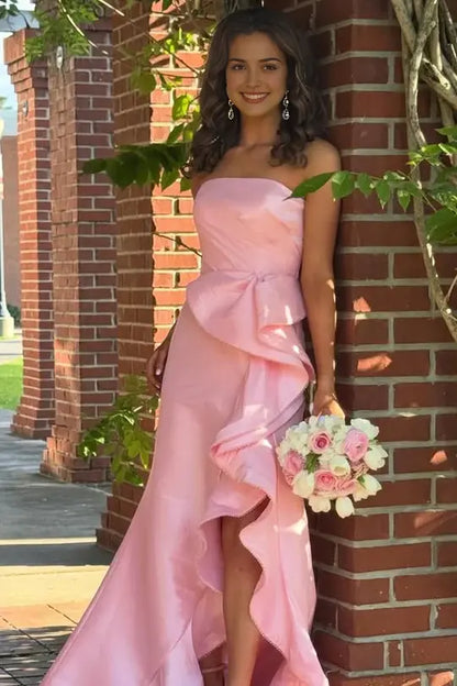 Aimishang Pretty Strapless Sleeveless Ruffle Formal Prom Dress Lovely Party Graduation Dress With Slit