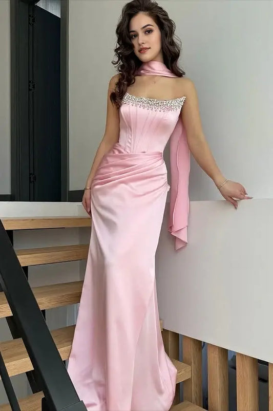 Aimishang Pretty Strapless Sleeveless Satin Ruched Wedding Guest Party Dress Charming Long Formal Prom Dress