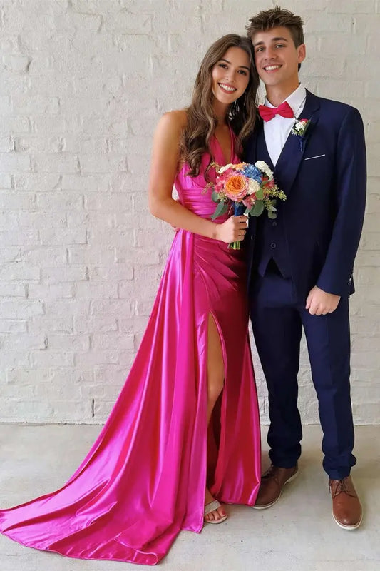 Aimishang Pretty V-Neck Halter Sleeveless Satin Long Formal Prom Dress Elegant Party Graduation Dress With Slit