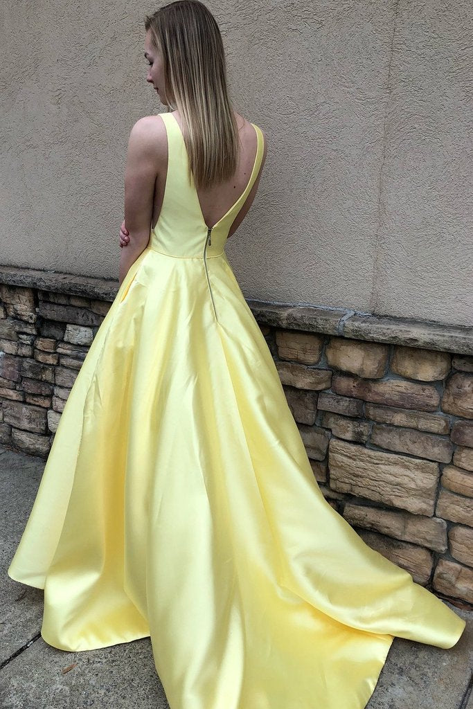 Wholesale Prom Dresses A Line Deep V Neck Long Satin Backless Evening Dresses