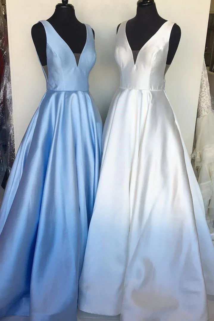 Wholesale Prom Dresses A Line Deep V Neck Long Satin Backless Evening Dresses