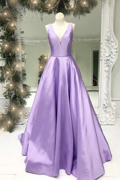 Wholesale Prom Dresses A Line Deep V Neck Long Satin Backless Evening Dresses