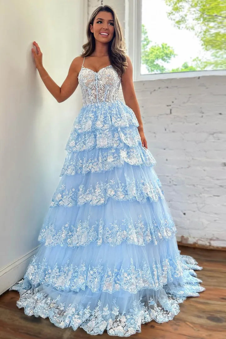 Wholesale A-Line Spaghetti Straps Tiered Prom Dress With Appliques