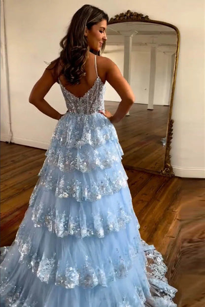 Wholesale A-Line Spaghetti Straps Tiered Prom Dress With Appliques