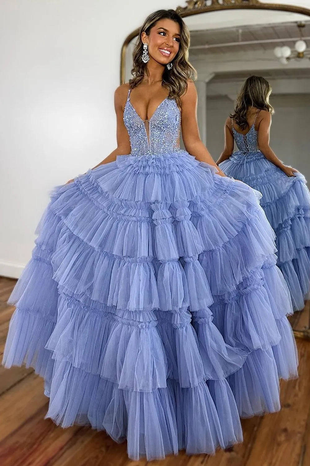 Wholesale Prom Dress Glitter A-Line Spaghetti Straps Long Tiered