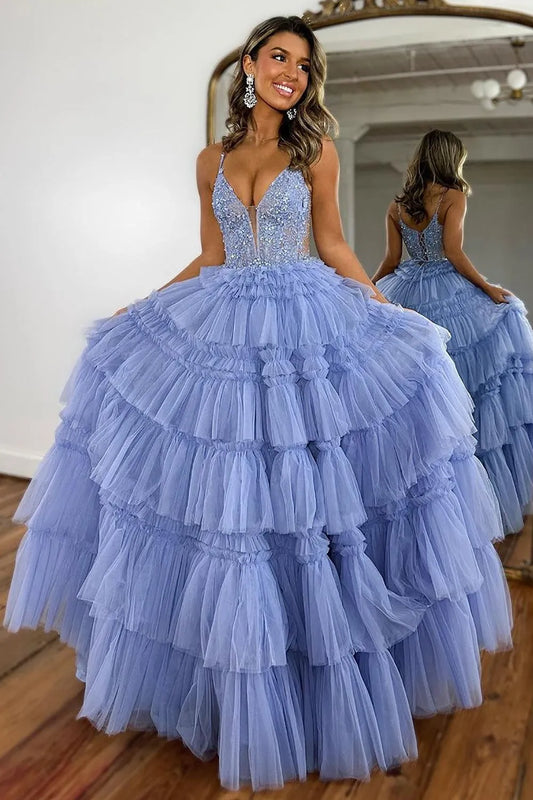 Wholesale Prom Dress Glitter A-Line Spaghetti Straps Long Tiered