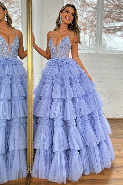 Wholesale Prom Dress Glitter A-Line Spaghetti Straps Long Tiered