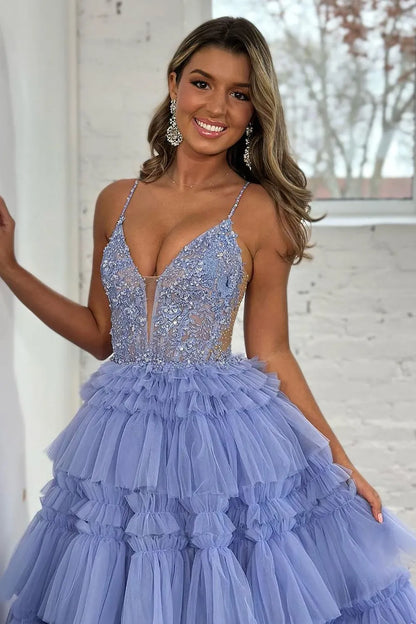 Wholesale Prom Dress Glitter A-Line Spaghetti Straps Long Tiered