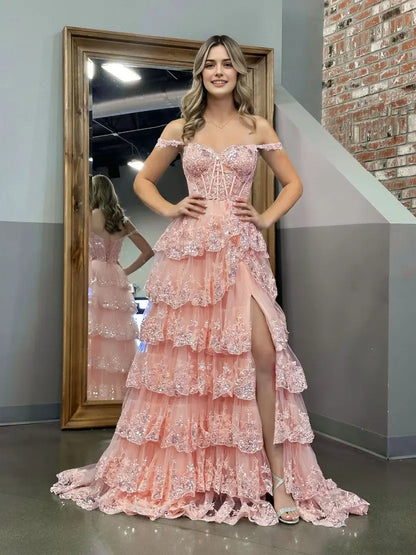 Aimishang Princess A-Line Off-the-Shoulder Lace Ruffles Long Formal Prom Dress Lovely Birthday Party Dress With Slit