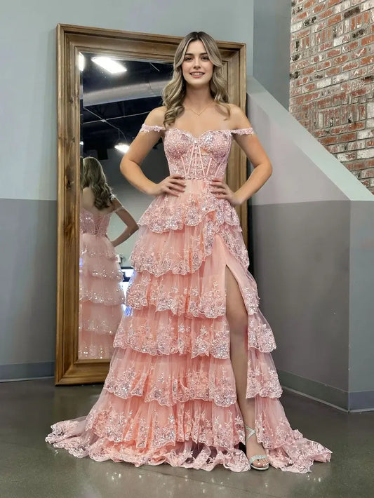 Aimishang Princess A-Line Off-the-Shoulder Lace Ruffles Long Formal Prom Dress Lovely Birthday Party Dress With Slit