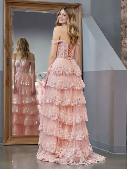 Aimishang Princess A-Line Off-the-Shoulder Lace Ruffles Long Formal Prom Dress Lovely Birthday Party Dress With Slit