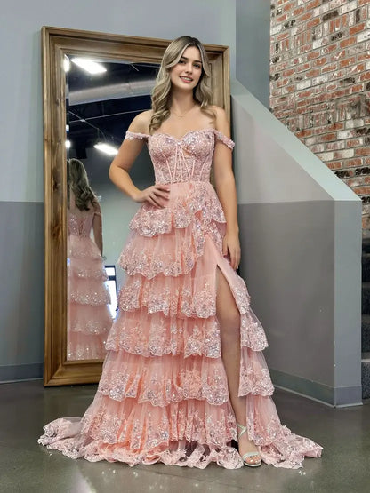 Aimishang Princess A-Line Off-the-Shoulder Lace Ruffles Long Formal Prom Dress Lovely Birthday Party Dress With Slit