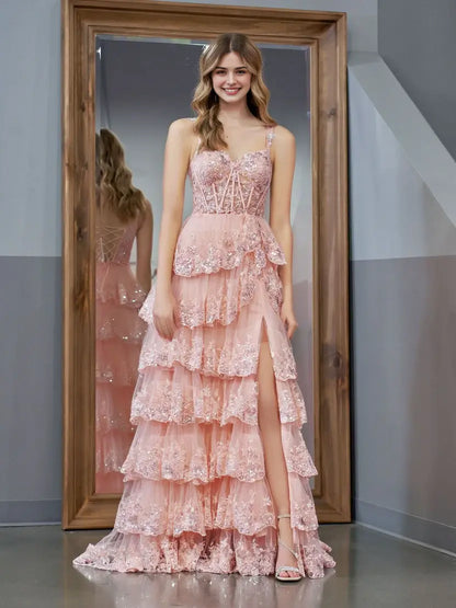 Aimishang Princess A-Line Off-the-Shoulder Lace Ruffles Long Formal Prom Dress Lovely Birthday Party Dress With Slit