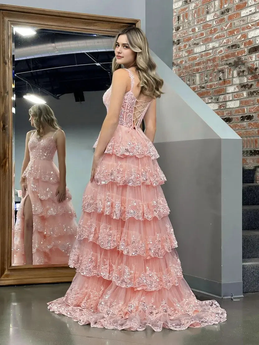 Aimishang Princess A-Line Off-the-Shoulder Lace Ruffles Long Formal Prom Dress Lovely Birthday Party Dress With Slit