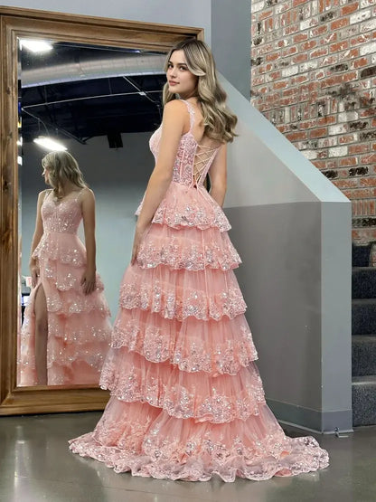 Aimishang Princess A-Line Off-the-Shoulder Lace Ruffles Long Formal Prom Dress Lovely Birthday Party Dress With Slit