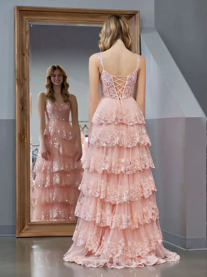 Aimishang Princess A-Line Off-the-Shoulder Lace Ruffles Long Formal Prom Dress Lovely Birthday Party Dress With Slit