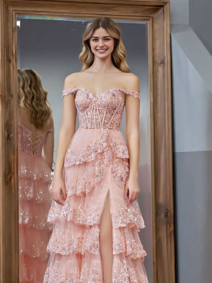 Aimishang Princess A-Line Off-the-Shoulder Lace Ruffles Long Formal Prom Dress Lovely Birthday Party Dress With Slit