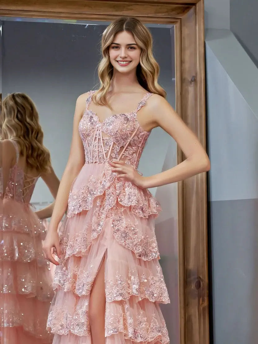Aimishang Princess A-Line Off-the-Shoulder Lace Ruffles Long Formal Prom Dress Lovely Birthday Party Dress With Slit