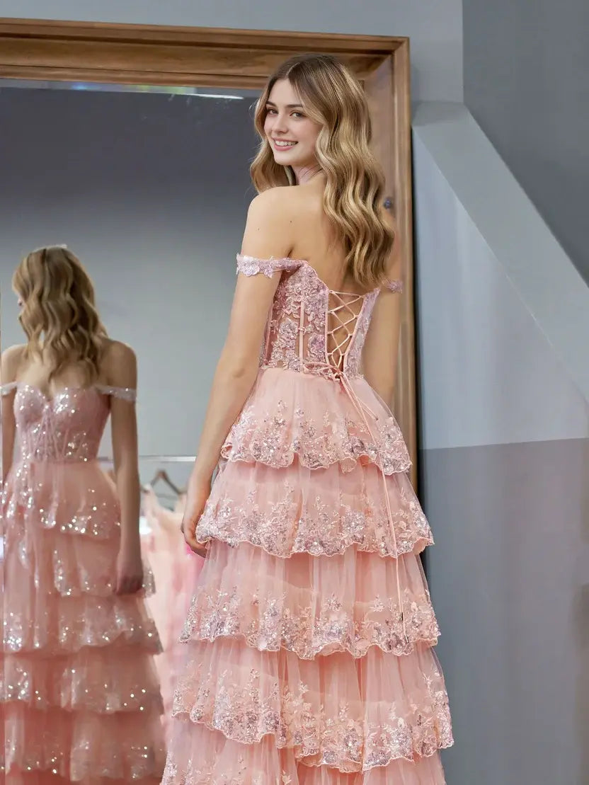 Aimishang Princess A-Line Off-the-Shoulder Lace Ruffles Long Formal Prom Dress Lovely Birthday Party Dress With Slit